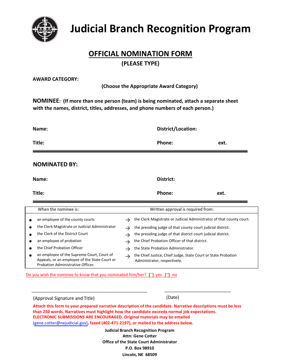 Official Nomination Form - Judicial Branch Recognition Program - Nebraska, Page 1
