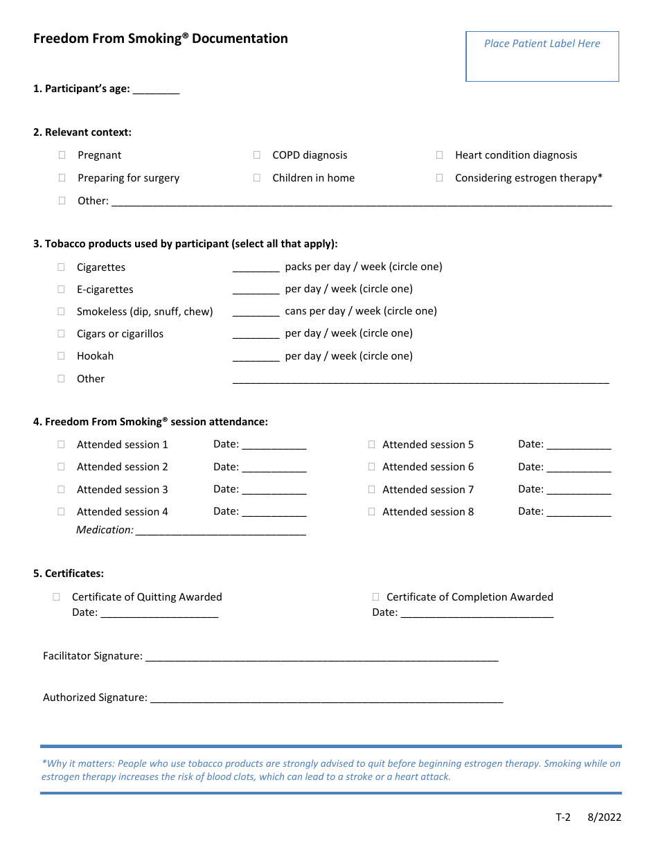 Form T-2 Freedom From Smoking Documentation - Kentucky, Page 1