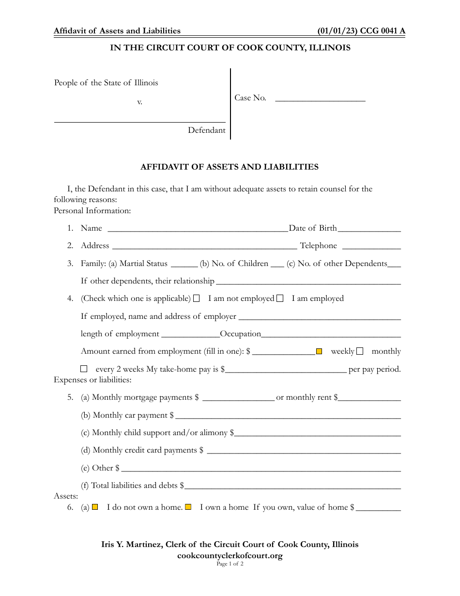 Form CCG0041 Download Fillable PDF or Fill Online Affidavit of Assets ...