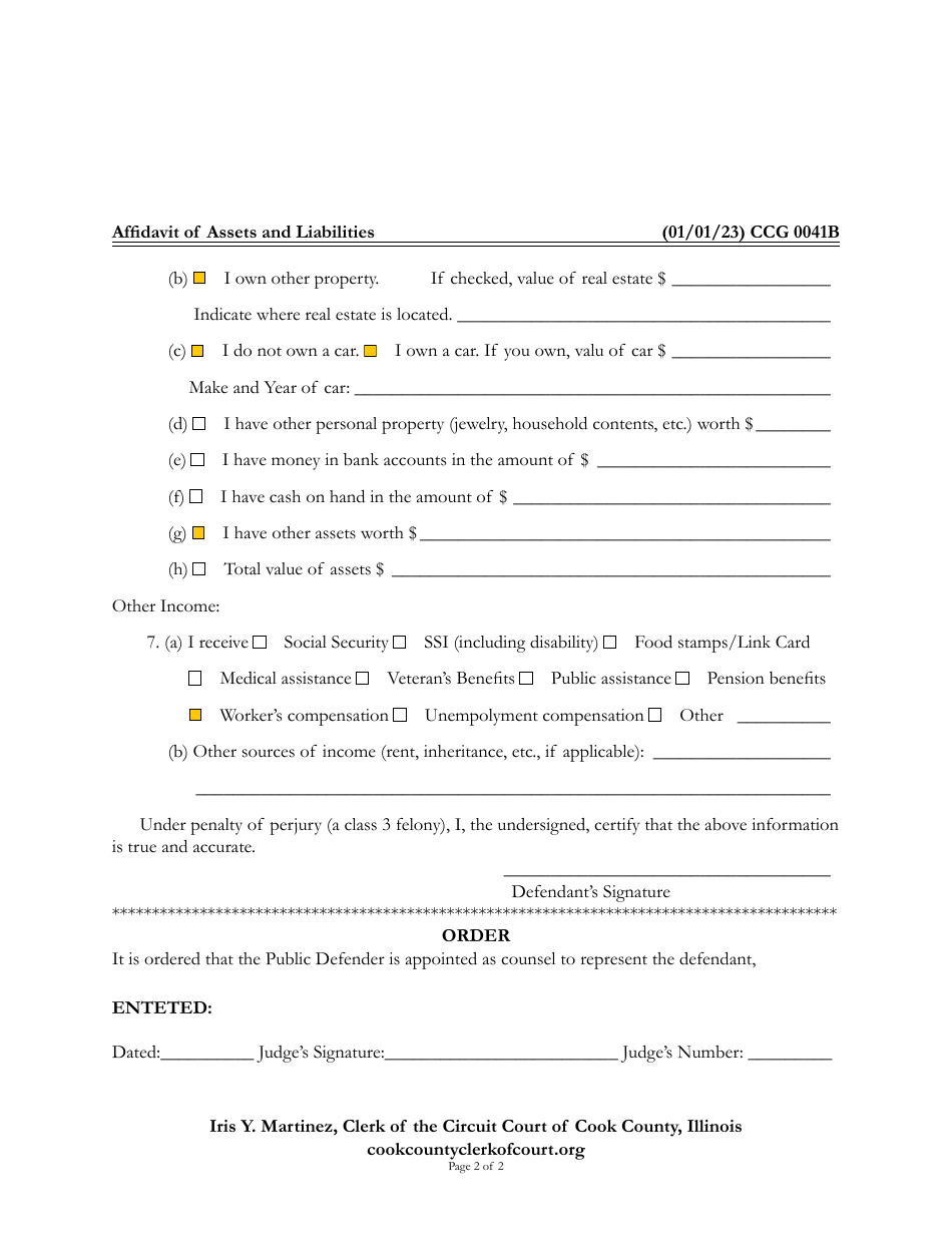 Form CCG0041 Affidavit of Assets and Liabilities - Cook County, Illinois, Page 2