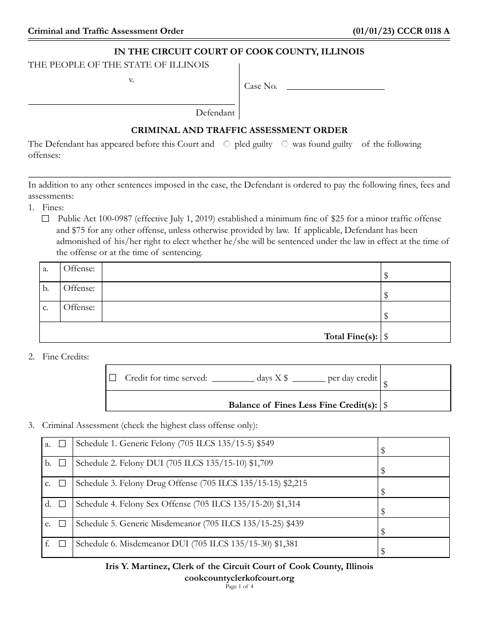 Form CCCR0118 Criminal and Traffic Assessment Order - Cook County, Illinois, Page 1