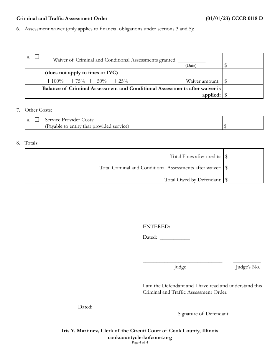 Form CCCR0118 Criminal and Traffic Assessment Order - Cook County, Illinois, Page 4