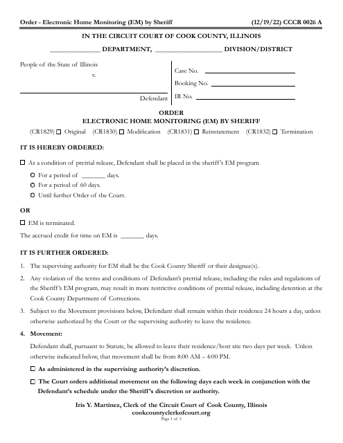 Form CCCR0026 Order - Electronic Home Monitoring (Em) by Sheriff - Cook County, Illinois