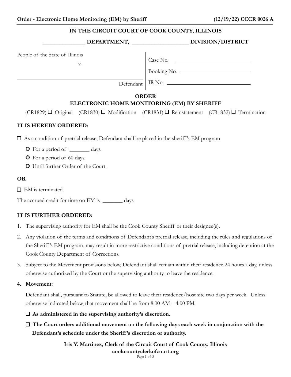 Form CCCR0026 Order - Electronic Home Monitoring (Em) by Sheriff - Cook County, Illinois, Page 1
