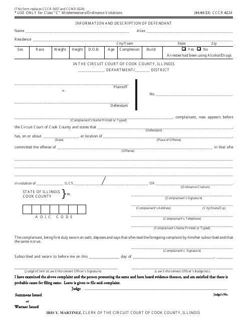 Form CCCR0224 Information and Description of Defendant - Cook County, Illinois