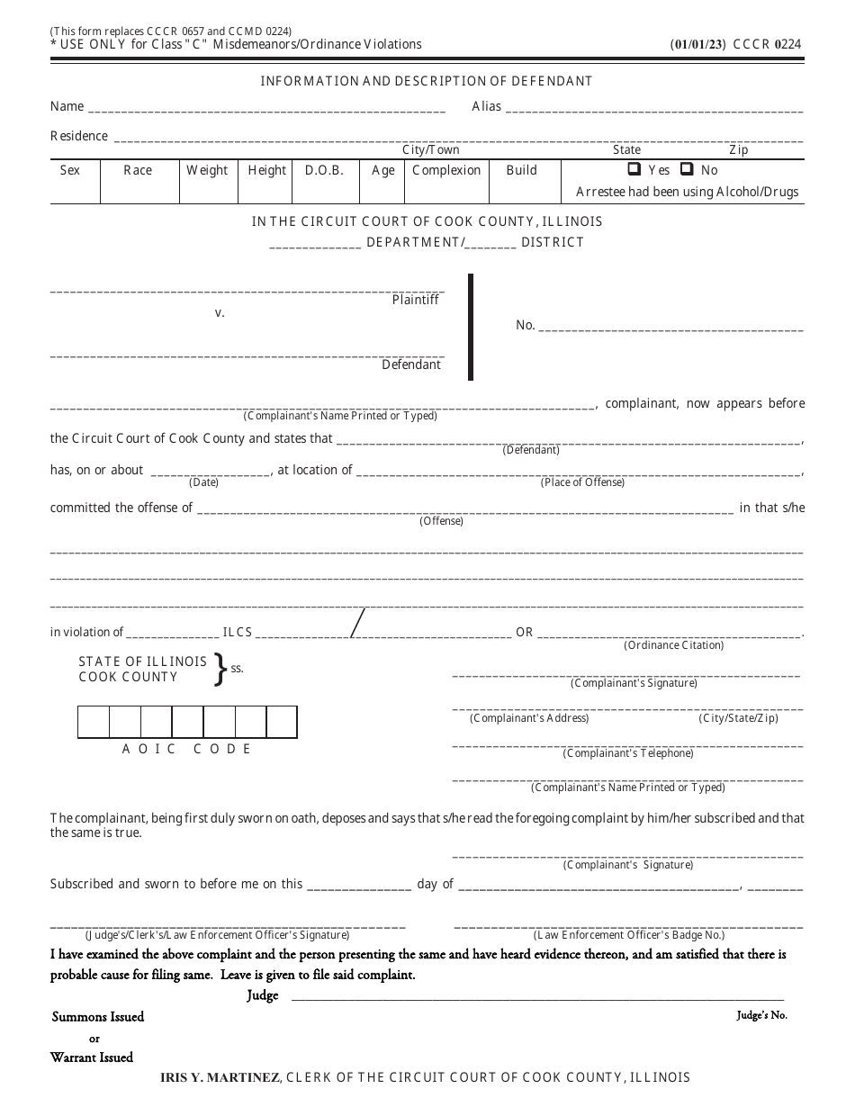 Form CCCR0224 Information and Description of Defendant - Cook County, Illinois, Page 1