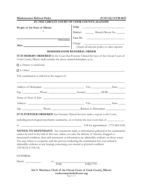 Form CCCR0655 Misdemeanor Referral Order - Cook County, Illinois