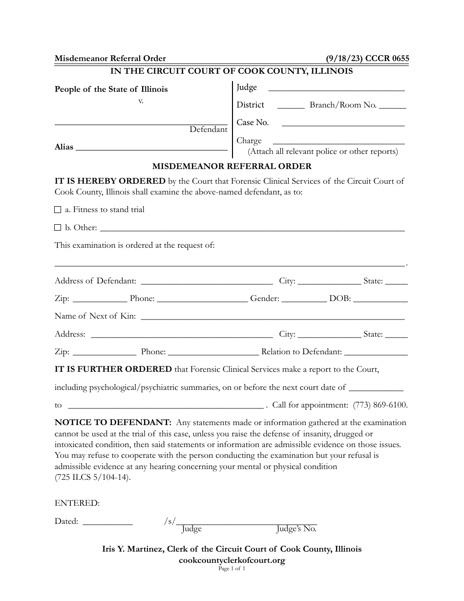 Form CCCR0655 Misdemeanor Referral Order - Cook County, Illinois, Page 1
