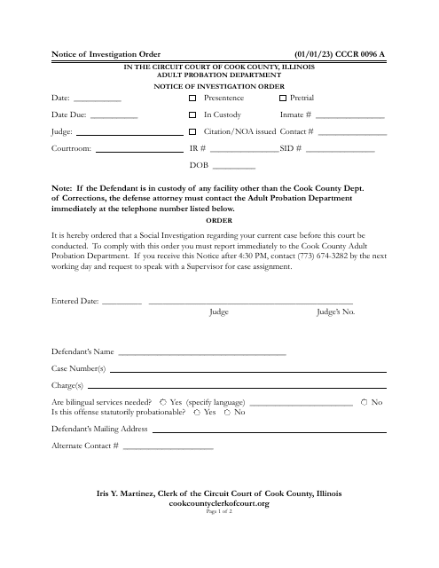 Form CCCR0096 Notice of Investigation Order - Cook County, Illinois