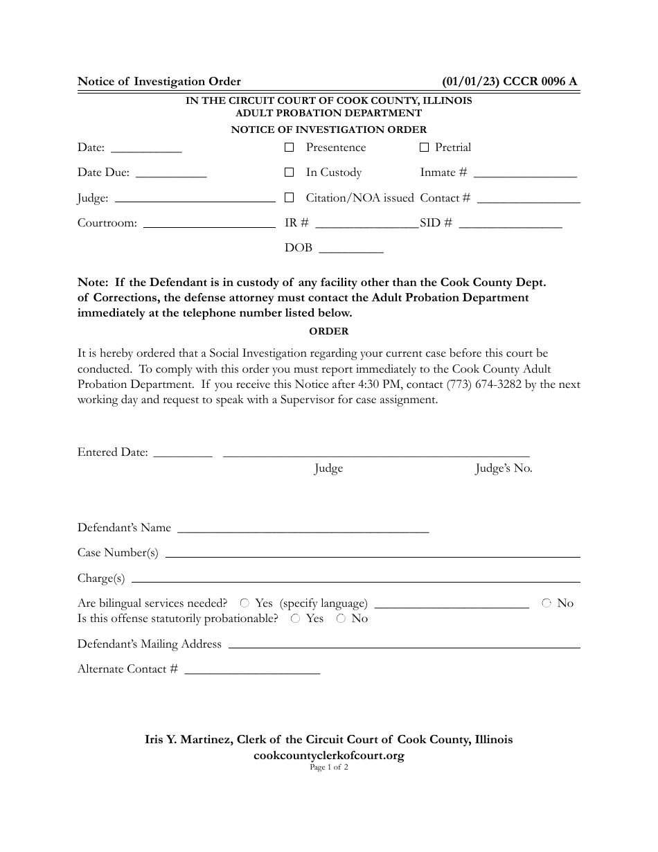 Form CCCR0096 Notice of Investigation Order - Cook County, Illinois, Page 1