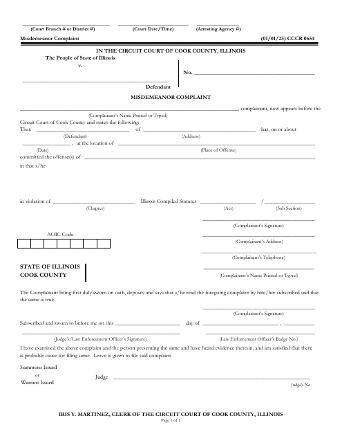 Form CCCR0654 Misdemeanor Complaint - Cook County, Illinois