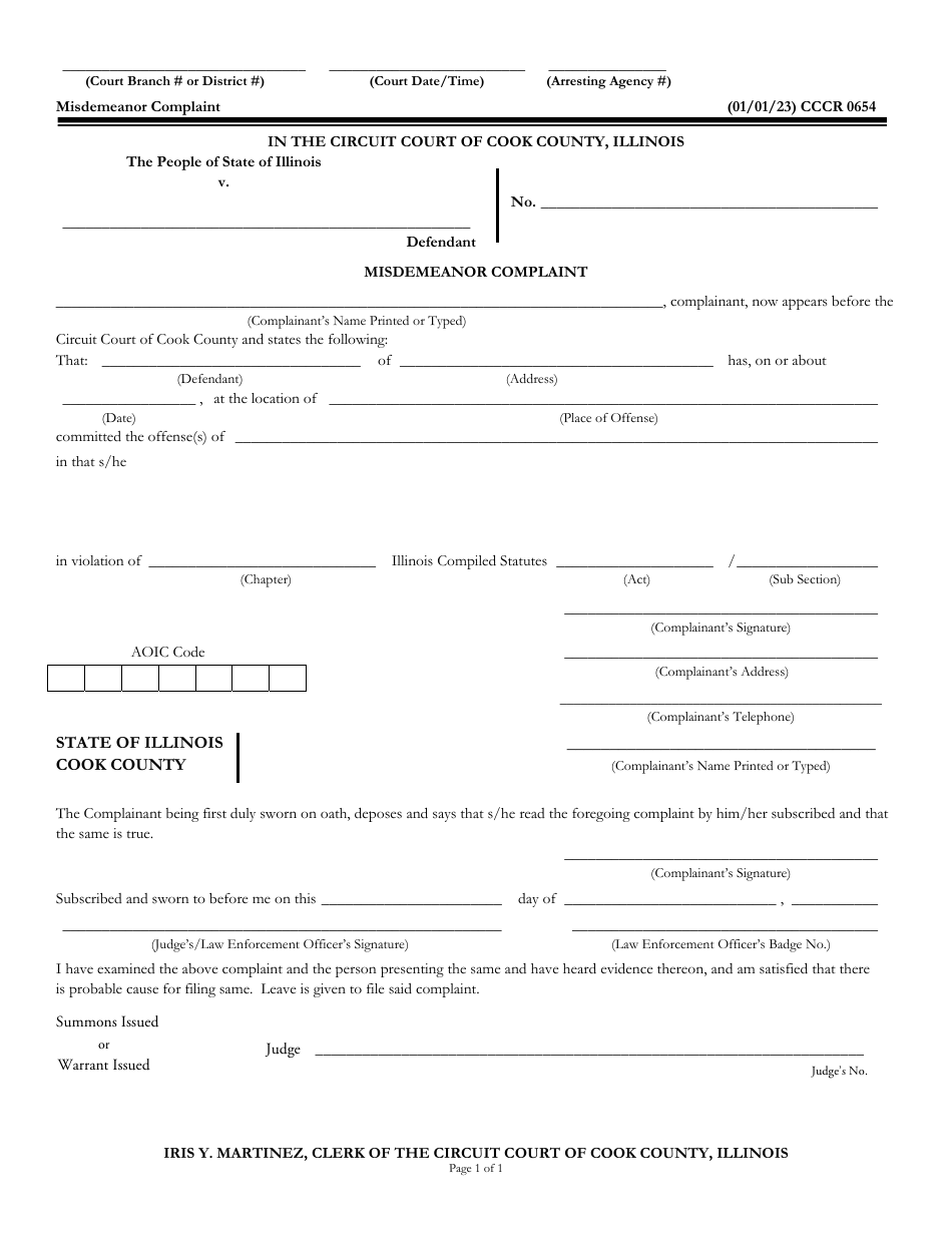 Form CCCR0654 Misdemeanor Complaint - Cook County, Illinois, Page 1
