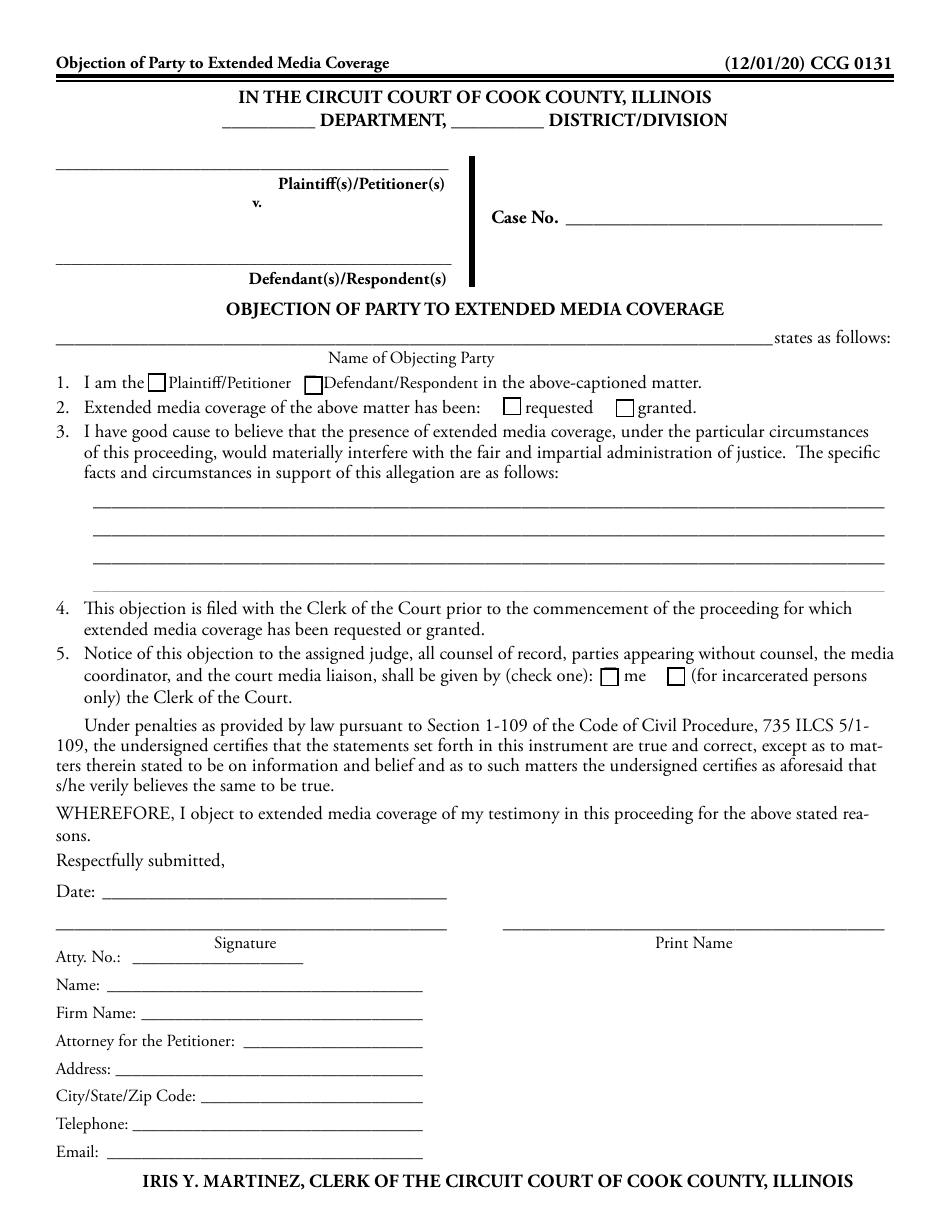 Form CCG0131 Objection of Party to Extended Media Coverage - Cook County, Illinois, Page 1