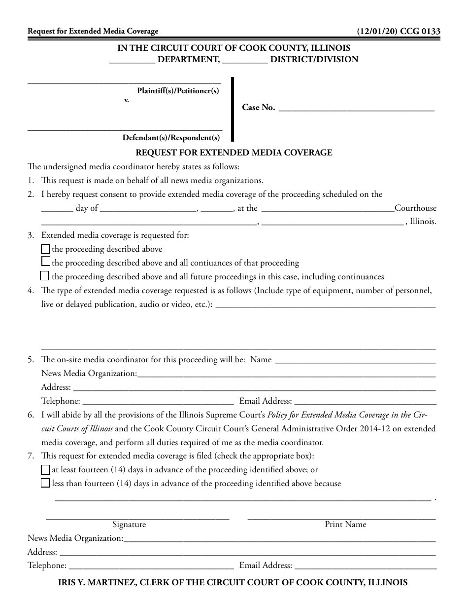 Form CCG0133 Request for Extended Media Coverage - Cook County, Illinois, Page 1