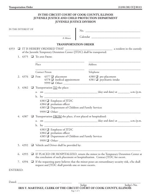 Form CCJ0113 Transportation Order - Cook County, Illinois