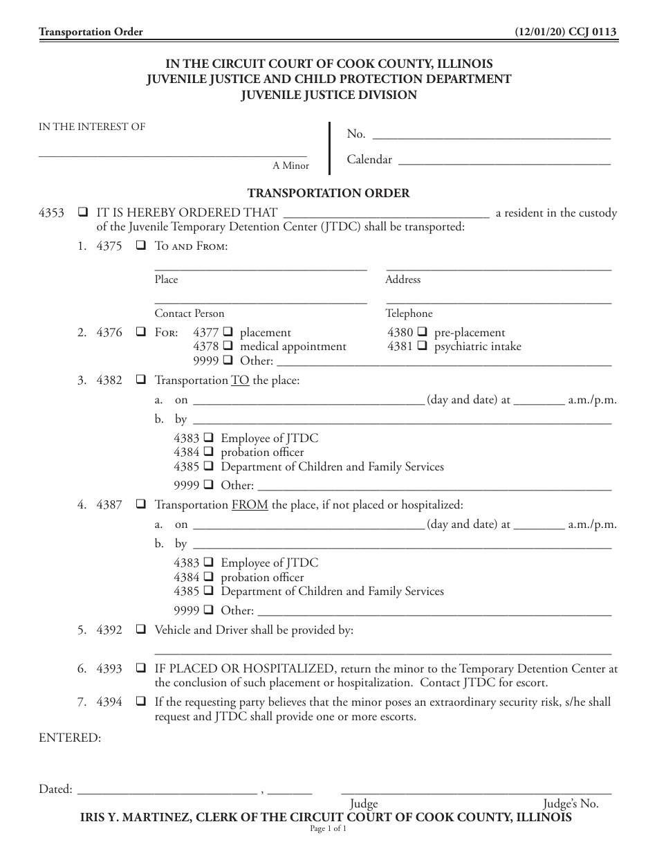 Form CCJ0113 Transportation Order - Cook County, Illinois, Page 1
