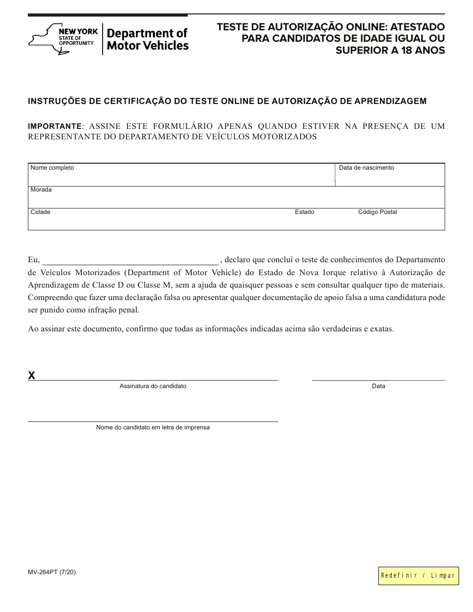 Form MV-264PT Online Permit Test Attestation for Applicants 18 Years of Age and Older - New York (English / Portuguese), Page 1