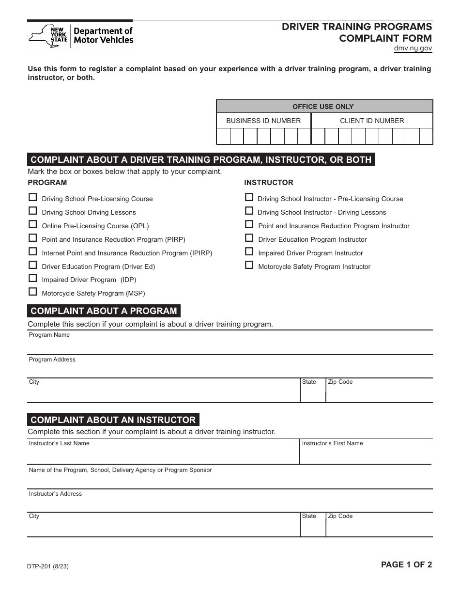 Form DTP-201 Driver Training Programs Complaint Form - New York, Page 1