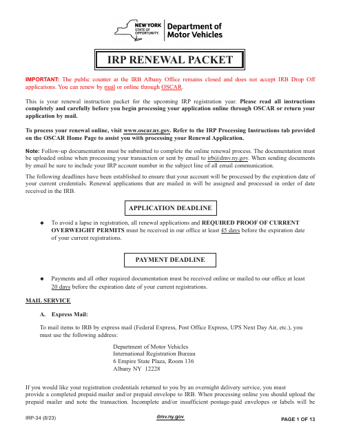 Form IRP-34 Irp Renewal Packet - New York