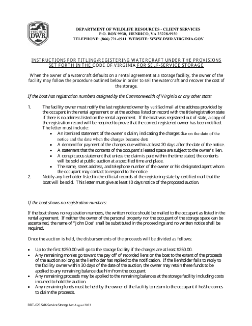 Form BRT-025 Affidavit of Compliance for Enforcement of Virginia's Self-service Storage Act - Virginia