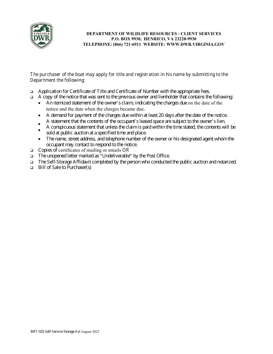 Form BRT-025 Affidavit of Compliance for Enforcement of Virginias Self-service Storage Act - Virginia, Page 2
