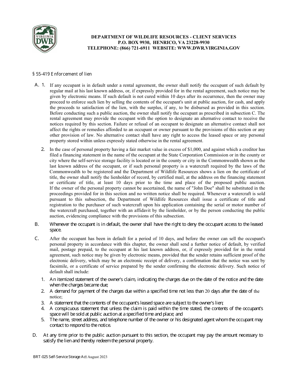 Form BRT-025 Affidavit of Compliance for Enforcement of Virginias Self-service Storage Act - Virginia, Page 5