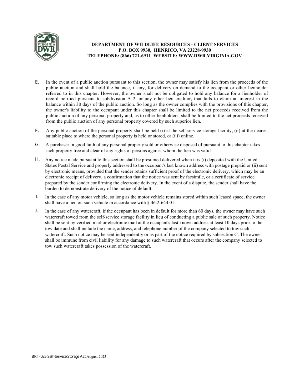Form BRT-025 Affidavit of Compliance for Enforcement of Virginias Self-service Storage Act - Virginia, Page 6