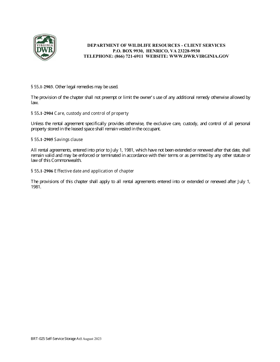 Form BRT-025 Affidavit of Compliance for Enforcement of Virginias Self-service Storage Act - Virginia, Page 7