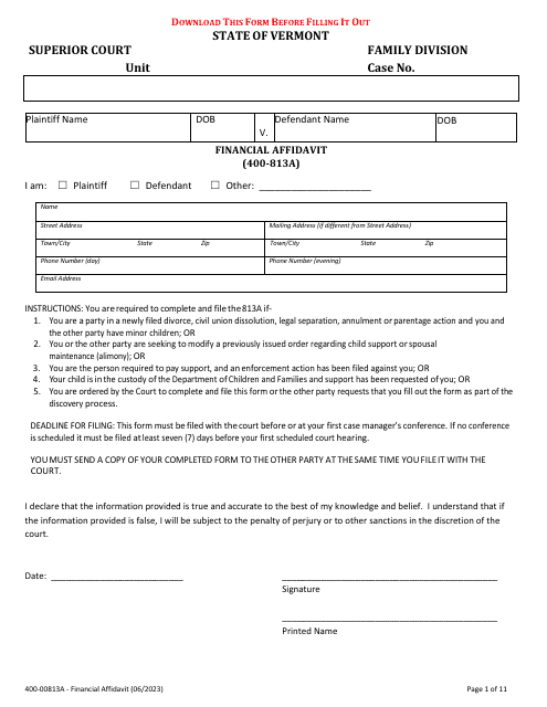 Form 400-00813A Financial Affidavit - Vermont