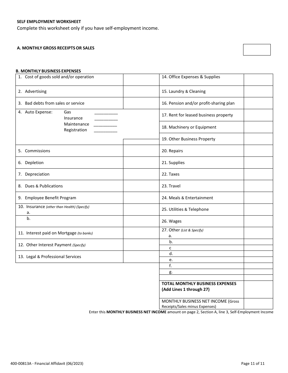 Form 400-00813A Financial Affidavit - Vermont, Page 11
