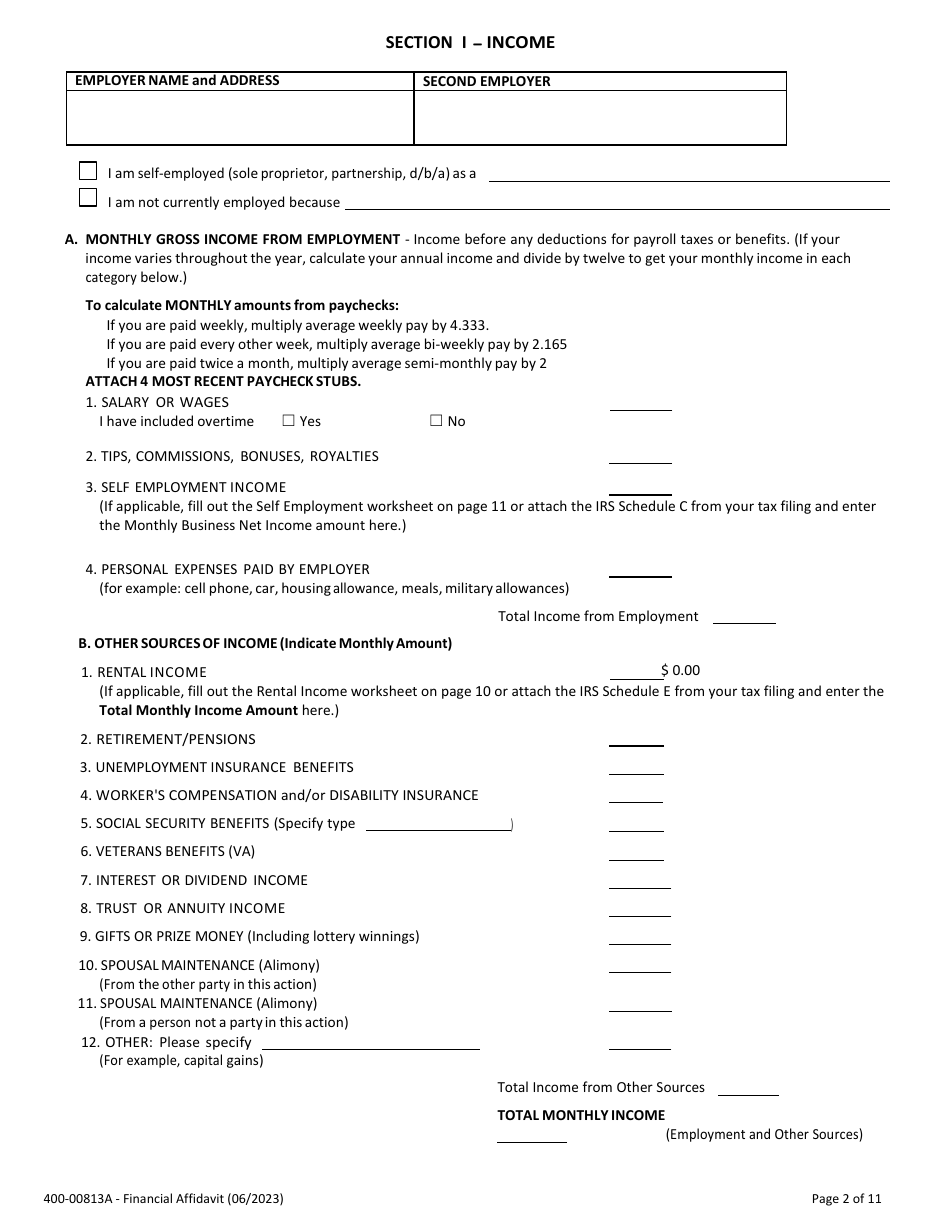 Form 400-00813A Financial Affidavit - Vermont, Page 2