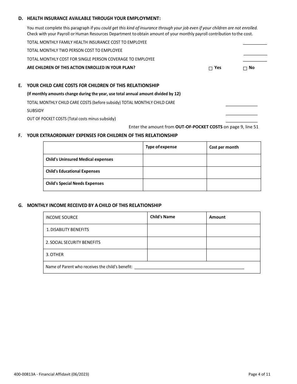 Form 400-00813A Financial Affidavit - Vermont, Page 4