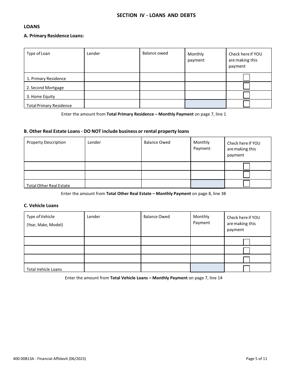 Form 400-00813A Financial Affidavit - Vermont, Page 5