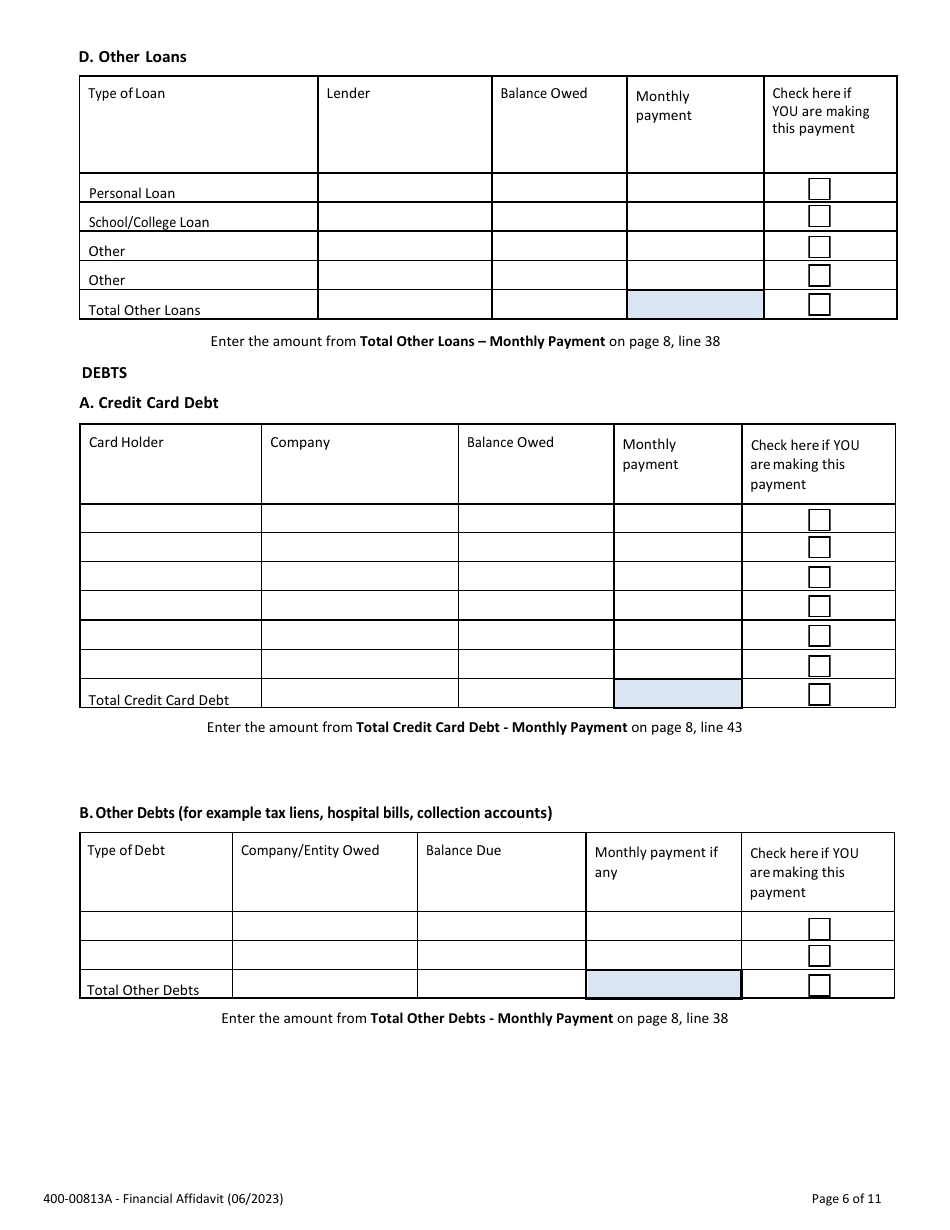 Form 400-00813A Financial Affidavit - Vermont, Page 6