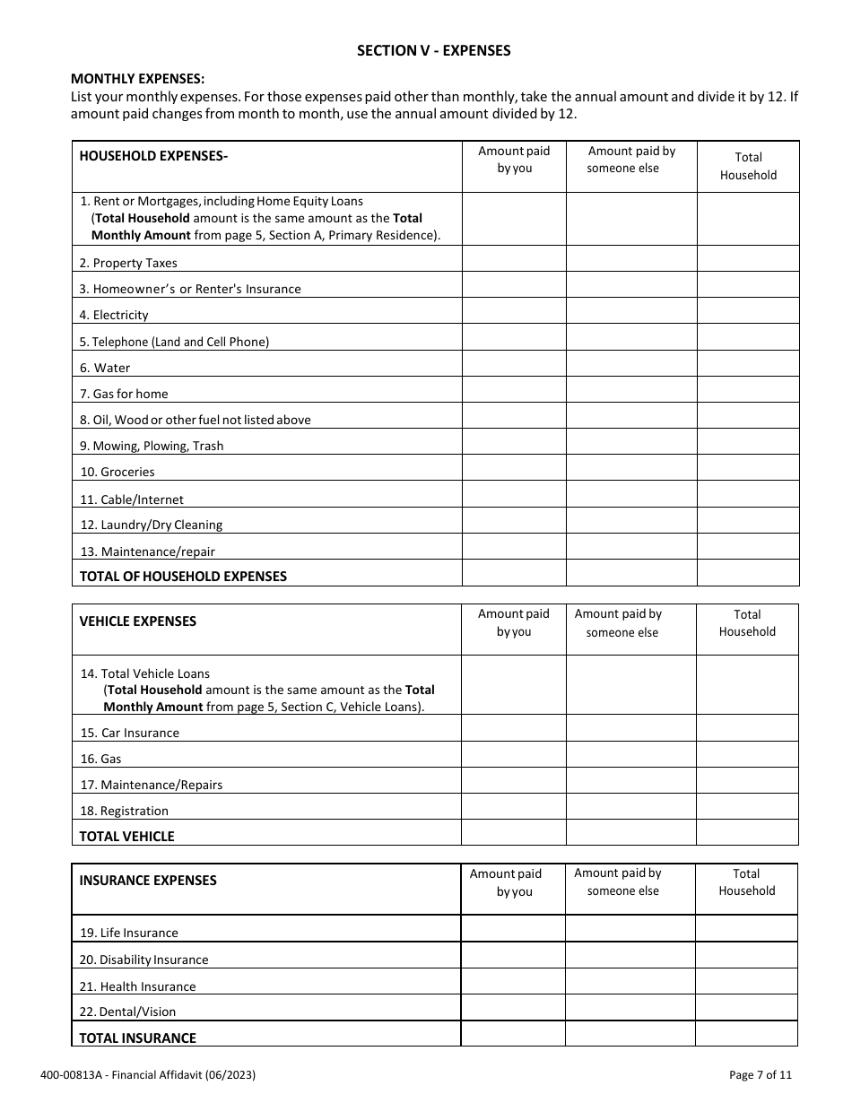 Form 400-00813A Financial Affidavit - Vermont, Page 7
