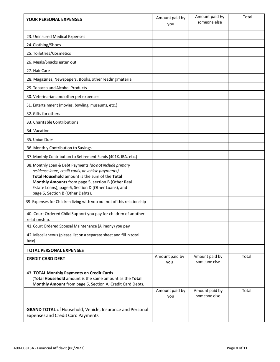 Form 400-00813A Financial Affidavit - Vermont, Page 8