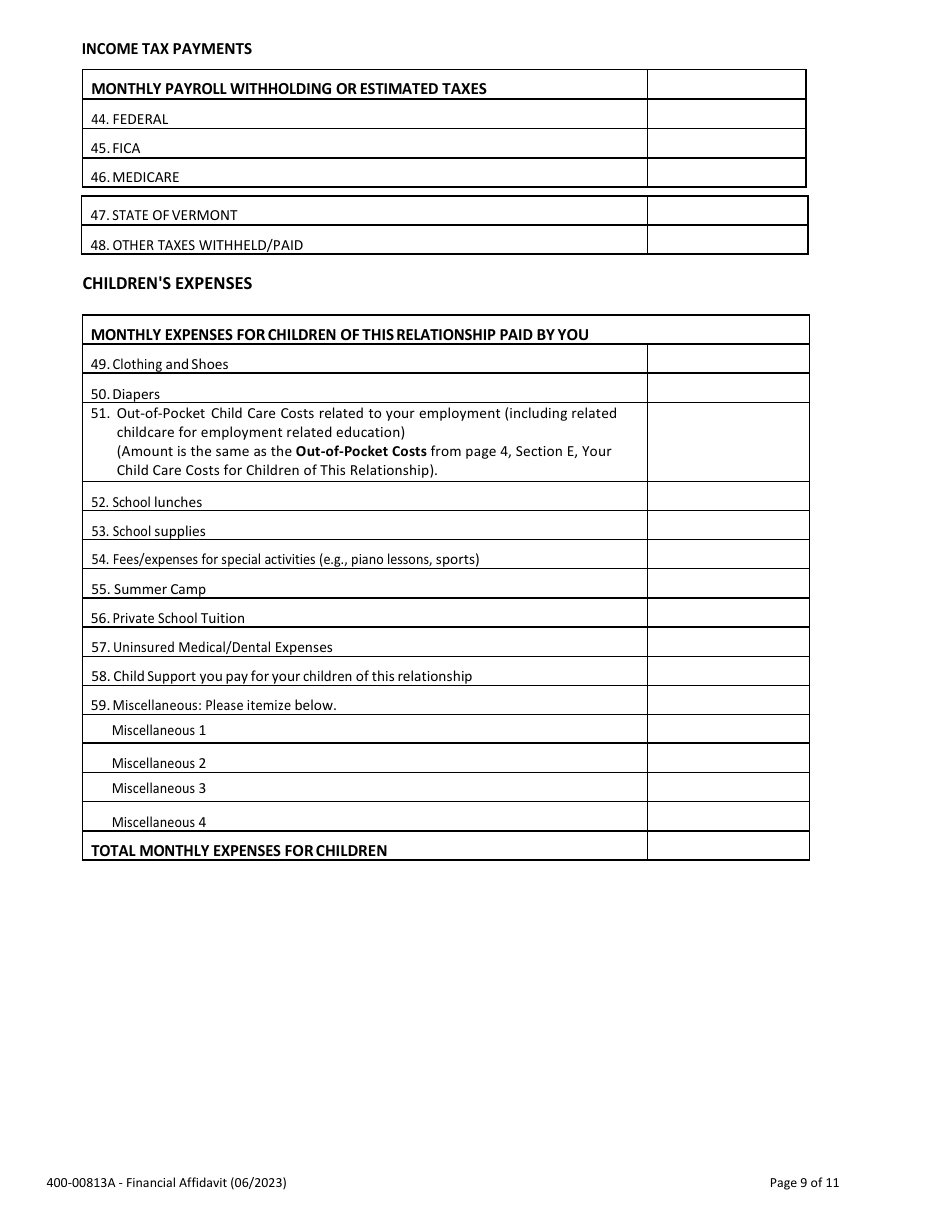 Form 400-00813A Financial Affidavit - Vermont, Page 9