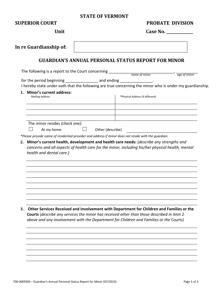 Form 700-00093M Guardians Annual Personal Status Report for Minor - Vermont, Page 1