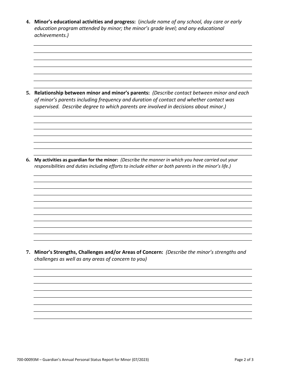 Form 700-00093M Guardians Annual Personal Status Report for Minor - Vermont, Page 2