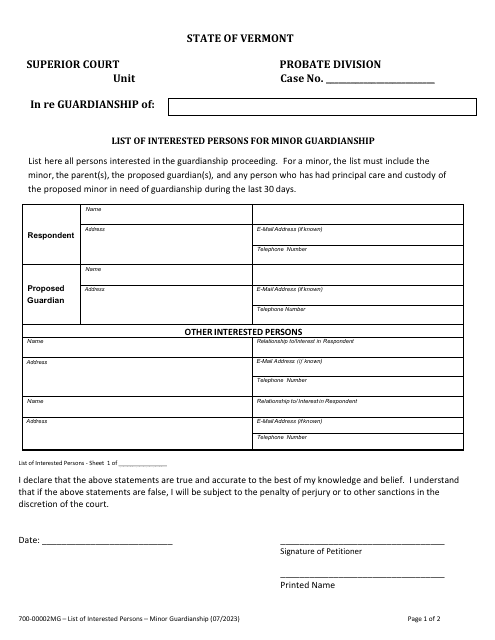 Form 700-00002MG List of Interested Persons for Minor Guardianship - Vermont