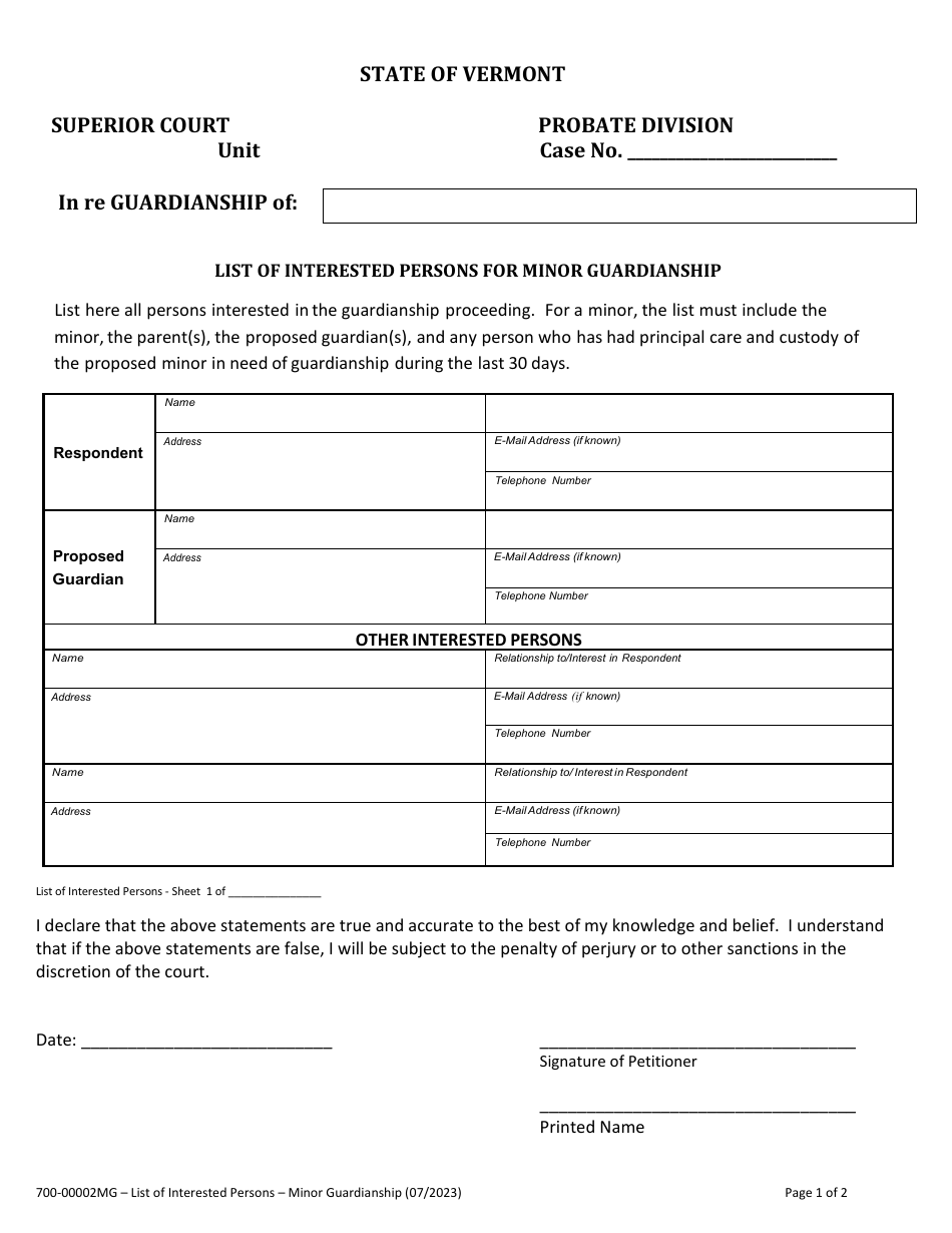 Form 700-00002MG List of Interested Persons for Minor Guardianship - Vermont, Page 1