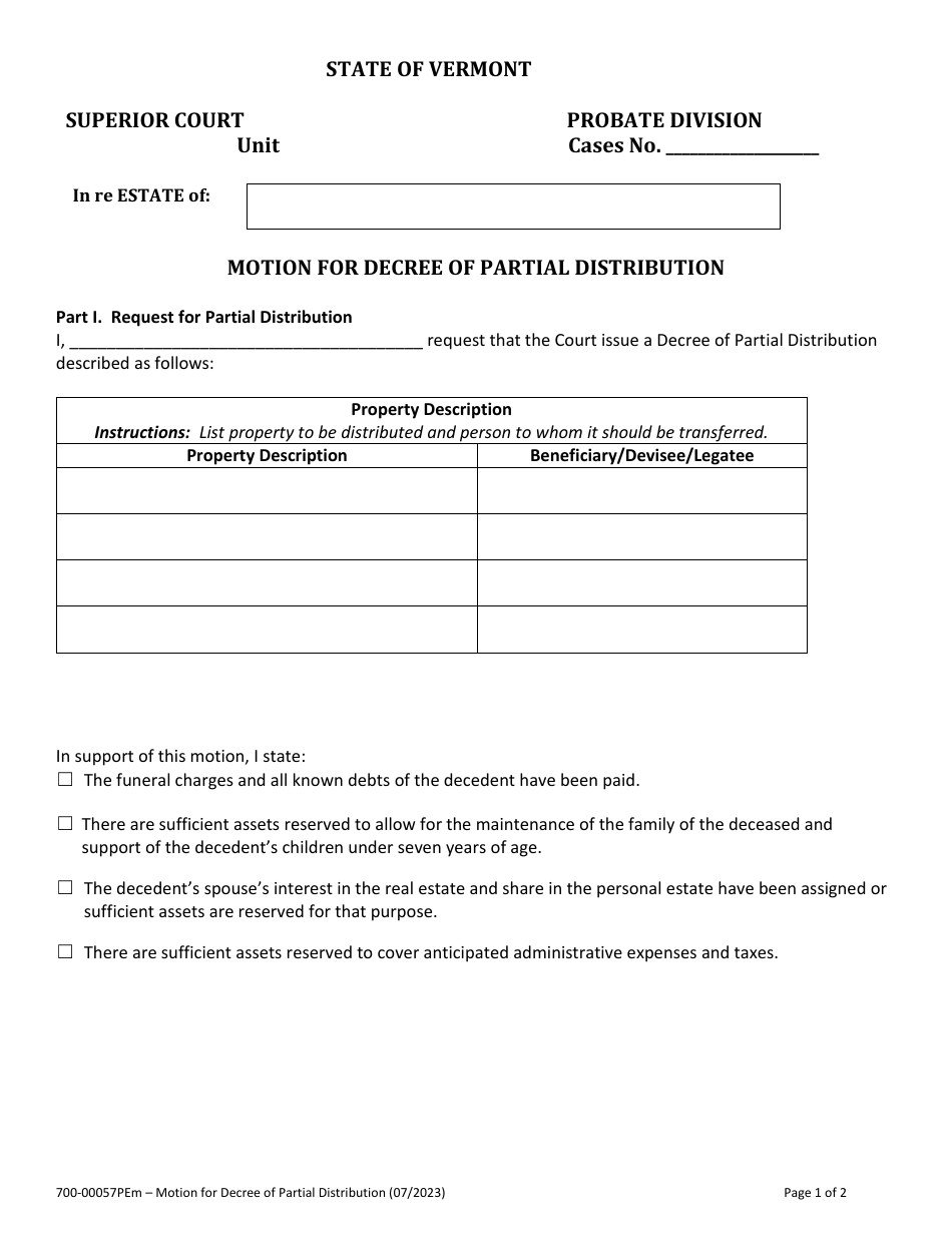 Form 700-00057PEM Motion for Decree of Partial Distribution - Vermont, Page 1