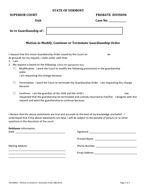 Form 700-00062 Motion to Modify, Continue or Terminate Guardianship Order - Vermont
