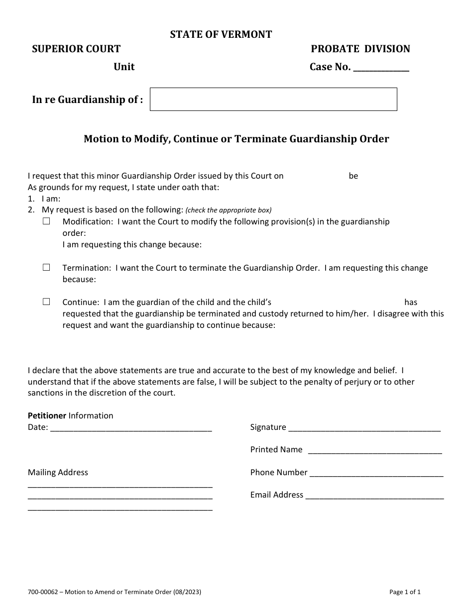 Form 700-00062 Motion to Modify, Continue or Terminate Guardianship Order - Vermont, Page 1