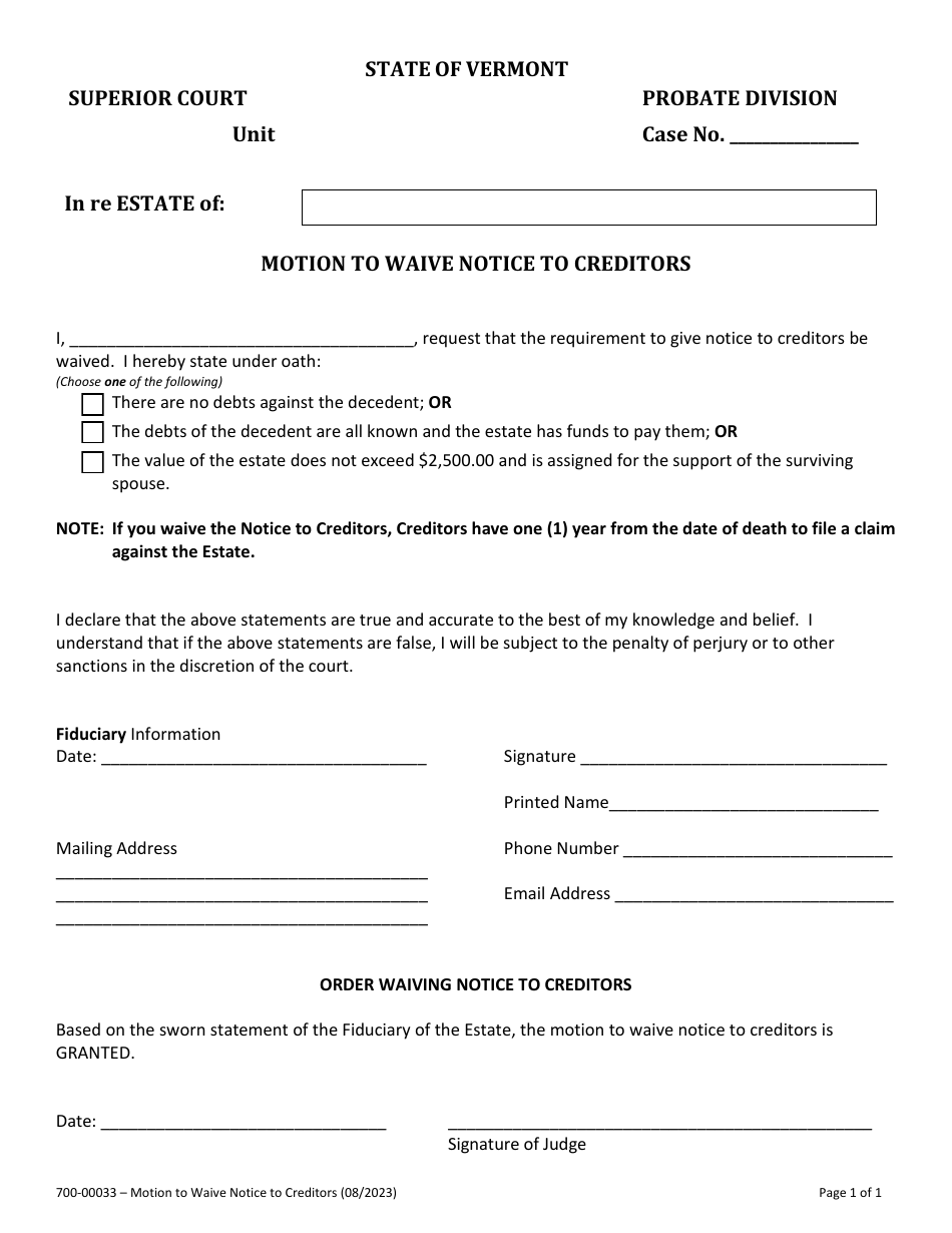 Form 70000033 Download Fillable PDF or Fill Online Motion to Waive
