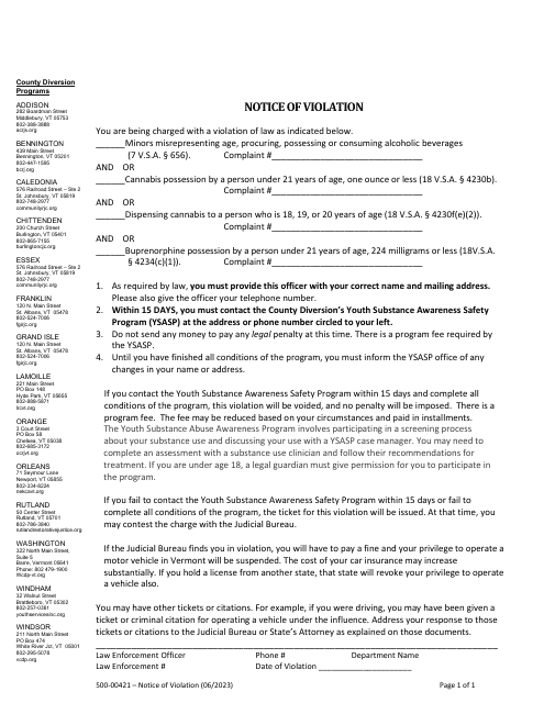 Form 500-00421 Notice of Violation - Vermont