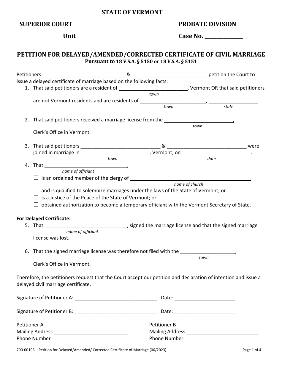 Form 700-00196 Petition for Delayed / Amended / Corrected Certificate of Civil Marriage - Vermont, Page 1