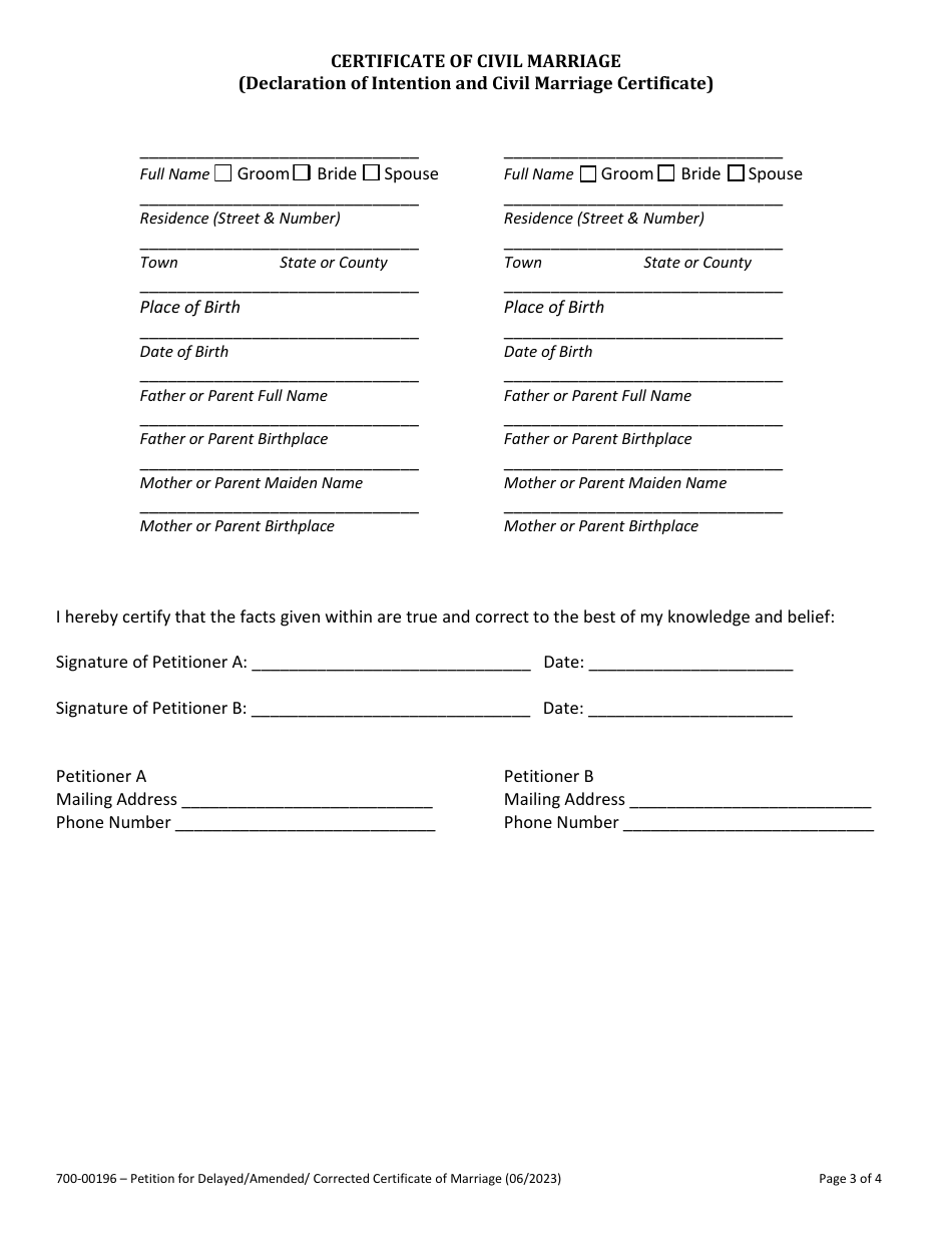 Form 700-00196 Petition for Delayed / Amended / Corrected Certificate of Civil Marriage - Vermont, Page 3