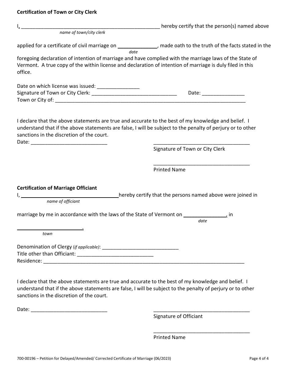 Form 700-00196 Petition for Delayed / Amended / Corrected Certificate of Civil Marriage - Vermont, Page 4