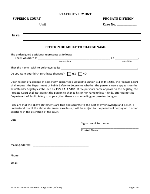 Form 700-00122 Petition of Adult to Change Name - Vermont